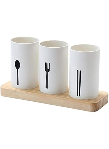 JANNAH Flatware Organizers Creative Chopsticks Drain Tableware Storage Box With Wooden Base Countertop Cutlery Organizer(White)