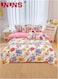 4-Piece Floral Design Bedding Set,Washable Printed Duvet Set Includes 1xDuvet Cover 200X230cm,1xFitted Sheet 230x235cm,4xPillowcases 48x74cm Cotton Pink