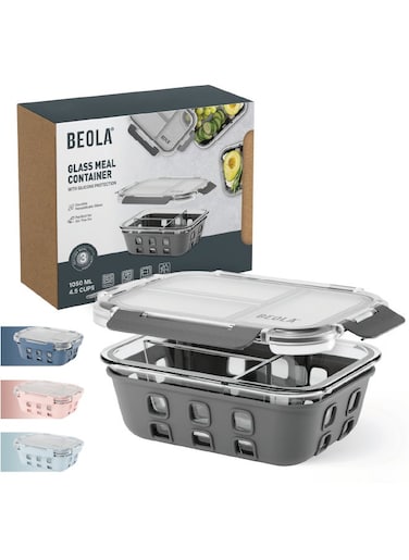 BEOLA 3 Compartment Glass Food Storage Container with Airtight Lid and Silicone Protection, Individually Sealed 3 Section Meal Prep Container, Freezer, Dishwasher, Microwave Safe, 1050ml(Lava Gray)