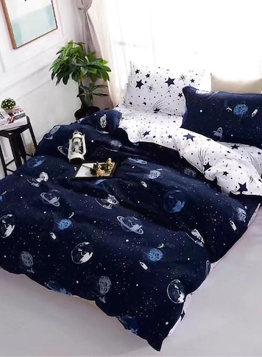for Less 6-Piece Supreme Quality Dream Galaxy Design Super Soft Microfiber Bedding Set Includes 1xDuvet Cover 200x230 cm, 4xPillow Cases 48x74 cm, 1xBed Sheet Cotton Blue/White 230x250cm