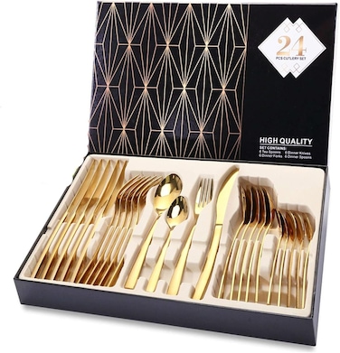 24-Pieces Silverware Flatware cutlery Set with Gift Box Stainless Steel Utensils set for 6 includes Forks Spoons Knives (GOLD)