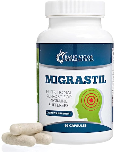 Basic Vigor Natural Migraine Supplement- with Feverfew, Magnesium, Taurine &amp; Vitamin B1-60 Vegetarian Capsules from Migrastil.