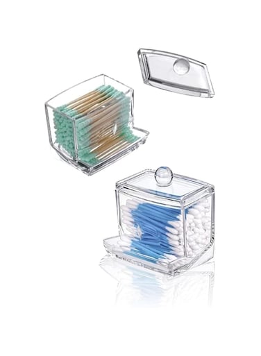 Sweet seven Swab Holder Canisters with Lid, 2 PCS Acrylic Clear Small Bathroom Organizers, Q-tip Dispenser , Modern Bathroom Decor, Bathroom Organizer Countertop Bathroom Storage Vanity (Clear)