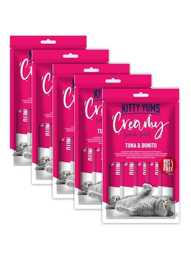 Kitty Yums Creamy Lickable Cat Treats, Tuna &amp; Bonito, Pack Of 5 (25 Pcs, 375Gm)   Rich In Protein, Promotes Hydration, No Artificial Preservatives   Best For Training &amp; Bonding   For Kitten &amp; Adult