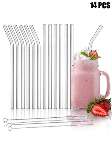 14 Pack Reusable Glass Straws and Brushs, Set of 6 Straight and 6 Bent, Clear Glass Drinking Straw with 2 Cleaning Brushes Perfect for Juice, Smoothies