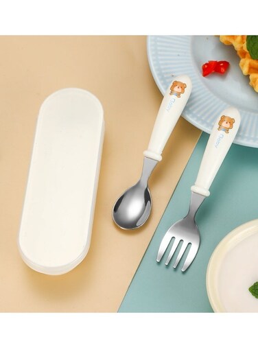 Sets Toddler Utensils Stainless Steel Fork and Spoon with Silicone Handle, Kid Safe Utensils ,Food Grade Utensils with Storage Box, Round Handle Cute Tableware