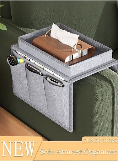 Sofa Armrest Organizer With A Top Tray Chair Arm TV Remote Holder for Recliner Couch Armchair Caddy Bedside Storage Pockets Bag for Cellphone Tablet Book Magazines Holder Pouch