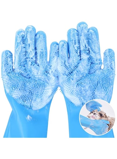 Pet Grooming Gloves - Heat Resistant Silicone Gloves with High-Density Teeth, Enhanced Five Finger Design for Bathing and Massaging Dogs and Cats, Blue