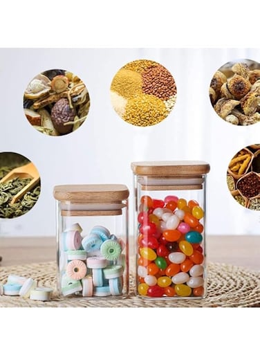 Mash 6-Piece Food Storage Square Glass Jar With Airtight Bamboo Lids (3X800 ML And 3X1200 ML) For Cereals, Pasta, Tea, Coffee, Snacks, Spices Transparent, TMS-Sq Mixed Jar-5N-1