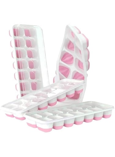 4 Pack Ice Cube Trays, Easy-Release Silicone and Flexible 14-Ice Cube Maker with Spill-Resistant Removable Lid, BPA Free, for Cocktail, Beer, Stackable Flexible Ice Trays (Pink)