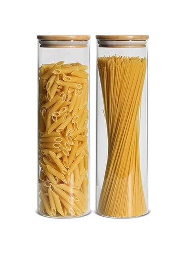 1CHASE&reg; Borosilicate Glass Storage Jar With Airtight Bamboo Lid, Clear Glass Container, Pantry Organizer For Spaghetti, Pasta, Noodles, Coffee, Tea, Sugar, Set of 2, 2200ML