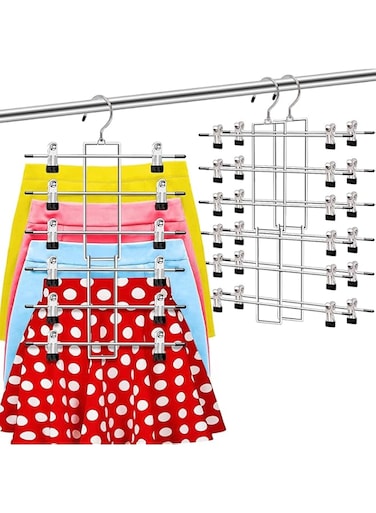 Angju 3 Pack Space Saving Pants Hangers with Clips, 6 Tier Closet Organizers, Heavy Duty Metal &amp; Rubber, Perfect for Pants, Jeans, Trousers &amp; More