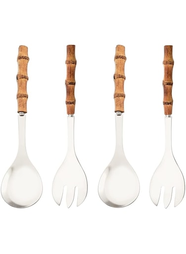 Uniturcky Serving Spoon and Fork Set, 304 Stainless Steel Serving Utensils with Natural Bamboo Handle, 10" Long Handle Serving Set for Kitchen Party Buffet, 4 Pieces / 2 of Each