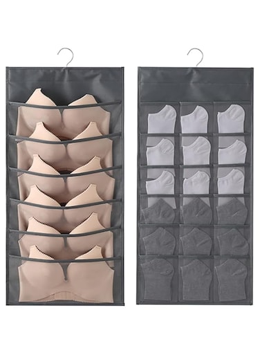 2 Pack Closet Hanging Organizer Storage with Mesh Pockets for Underwear Bra Underpants Socks, Dual Sided Wall Shelf Wardrobe Clothes Bags with Rotating Metal Hanger,(6+18 Pockets) (Grey)