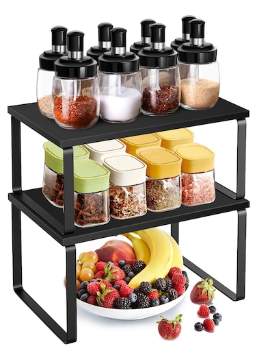 Cabinet Organizer Shelf Set of 2 Kitchen Counter Shelves Kitchen Storage Spice Rack Stackable Expandable Metal and Engineered Wood Black