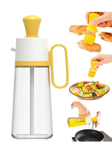 630ML Clear Glass Olive Oil Dispenser Bottle With Silicone Brush Pour Spray Brush 3 in 1 Functions Vinegar And Oil Bottle Sprayer Dispenser For Kitchen Cooking, Baking, Frying, Grilling &amp; BBQ Yellow