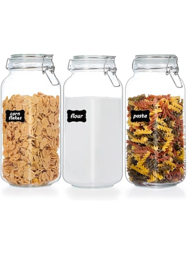 Vtopmart 3 Pack Square Glass Mason Jars with Clamp Lids, Large Kitchen Airtight Food Storage Containers for Flour, Cereal, Coffee, Pasta and Canning, with 8 Chalkboard Labels