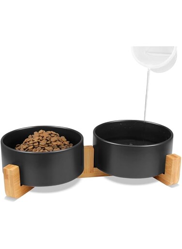 YARDHOBI Dog Bowls, Ceramic Dog and Cat Bowl with Wood Stand, Non-Slip Matte Glaze, Puppy Ceramic Food and Water Bowls, Elevated Dish Set for Cats and Small Dogs, Double White Bowls (28.7 OZ, Black)