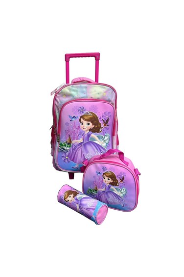 3 Pieces Cartoon-Printed School Trolley Bag for Kids (16 &amp; 18 Inch) with Lunch Bag and Pencil Pouch Included (Pink Doll Design, 16 Inch)