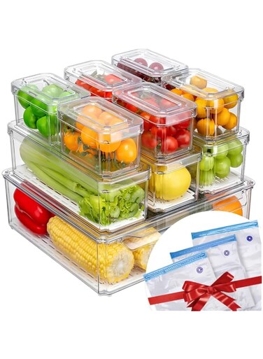 AMROAH 10 Pack Refrigerator Organizer Bins with Lids, Clear Stackable Plastic Bins for Fridge Freezer Kitchen, Fridge Storage Organizers and Containers for Food Drinks Fruit Vegetable Cereals