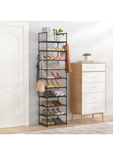 Tall Shoe Rack 10 Tiers Narrow Shoe Rack 20-24 Pairs Vertical Shoe Rack Space Saving Stackable Tall Shoe Rack for Closet Entryway Durable Shoe Shelf Storage Metal Shoe Tower with 2 Hooks (A), Black