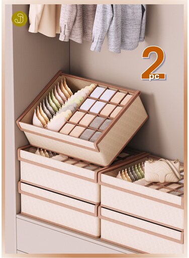 2pcs Foldable Dustproof Cloth Underwear Storage Box with Transparent Cover   Washable Closet Drawer Organizer   Premium Fabric Baskets Bins Dividers, Using For Clothes Socks Underwear Accessories Pajamas Baby Cloths Diapers Towels in Home Office Bedroom (44*29*12cm, Beige)