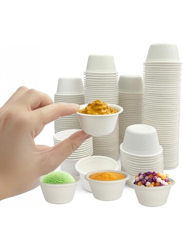Duomama Biodegradable Bagasse Fiber Souffle Cups - 2oz, 100 Pack, Compostable Condiment &amp; Tasting Cups for Eco-Friendly Dining Experience