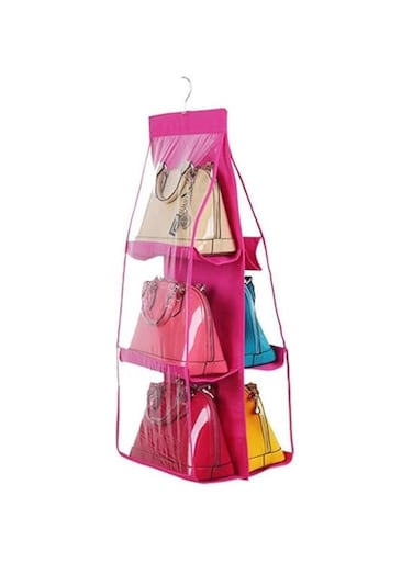 SKEIDO 6-Pocket Hanging Purse Handbag Tote Storage Holder Organizer Dust-proof Closet Wardrobe Hatstand Space Saver pink