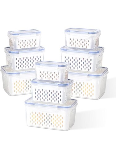 Genr 9 PCS Fridge Organizers and Storage containers 9Pcs Kitchen Organizer Airtight with Vent Drain Containers for fruit and vegetable (Grey-01)