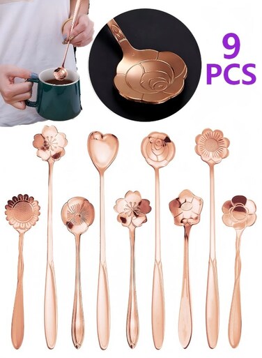 Pcs Flower Spoon Coffee Teaspoon Set, Stainless Steel Tea Spoon for Tea Party Decorations (Rose Gold)