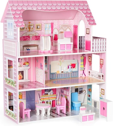 Wooden Dollhouse Triple Floor Castle Villa with Furniture and Accessories - Pink