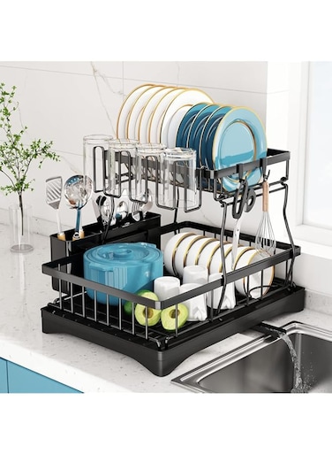 U-HOOME Dish Drying Rack, 2 Tier Dish Racks for Kitchen Counter and Sink, Dish Drying Stand with Drainboard, Utensil Holder Cups Holder, Black