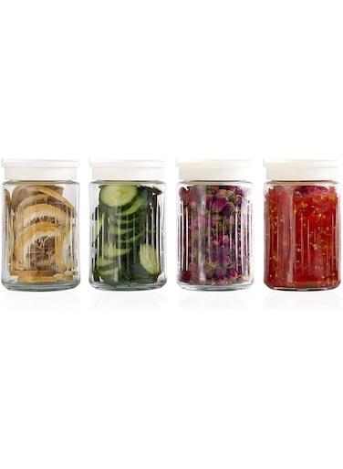 Tazweeq Glass Food Storage Jars with Lids, 4 Pack Glass Storage Jars with Airtight Lids, Reusable Airtight Juicing Cups Leak Proof Water Jar for Juicing Tea Milk Beverage Storage