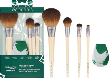 EcoTools Core Five Makeup Brush and Sponge Kit, For Eyeshadow, Blush, Bronzer, Eyeliner, &amp; Foundation, Makeup Blending Sponge, Brush Essentials, 5 Piece Set