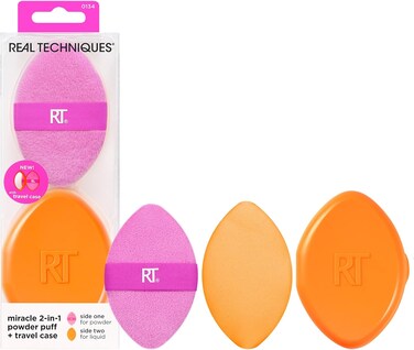 Real Techniques Miracle 2-In-1 Powder Puff + Travel Case, Dual-Sided Makeup Blending Puff, Elastic Band, Precision Makeup Sponge and Powder Puff, For Liquid, Cream and Powders, Travel Case, 2 Count