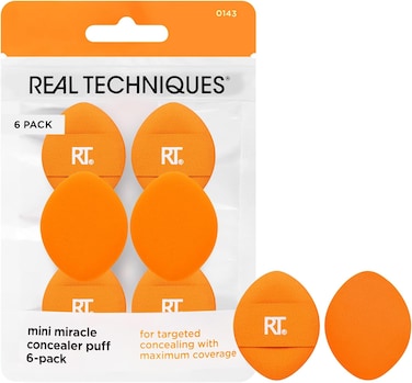 Real Techniques Mini Miracle Concealer Puffs, Small Makeup Puff For Liquid &amp; Cream Foundation &amp; Concealer, Targeted Concealing Under Eyes &amp; Blemishes, Travel Friendly, Vegan, &amp; Cruelty Free, 6 Count