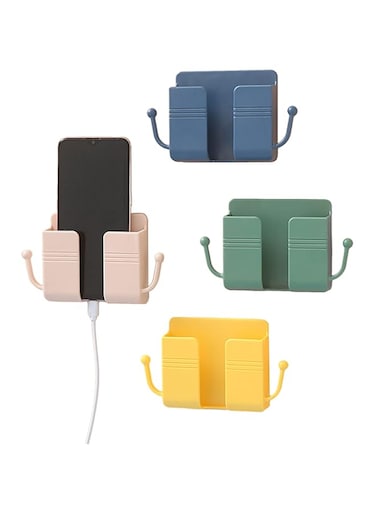 Mlysnd Wall Mounted Phone Holder, 4 Pcs remote control organiser ABS Wall-Mounted Mobile Phone Holder with Hook for Mobile Phone Charging Stand, Self-Adhesive (10x3x9.5cm, 4 colors)
