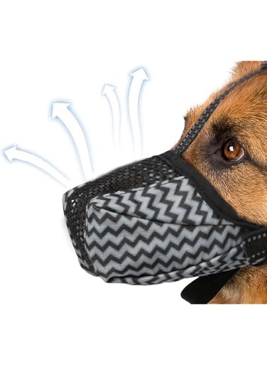 Dog Muzzle, Air Mesh Breathable Muzzle for Medium Large Sized Dogs to Anti &amp; Prevent Biting Barking Chewing, Soft Basket Muzzle for German Shepherd Dog with Reflective &amp; Adjustable Strap(Grey-L）