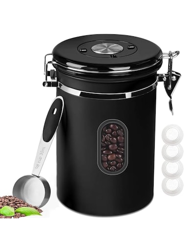 1800ML Airtight Coffee Canister with Date Tracker Transparent Window, 22.8OZ Coffe Beans Storage with 30ML Measure Spoon&amp;4 co2 Valve, Kitchen Food Storage Container for Grounds Coffee,Beans&amp;Tea(Black)