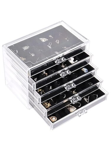 Nwvuop Acrylic Jewellery Box with 5 Drawers Adjustable Earring Storage Holder Clear Jewellery Storage Organiser for Rings Earrings Necklace Makeup Cosmetic Storage Box, Black