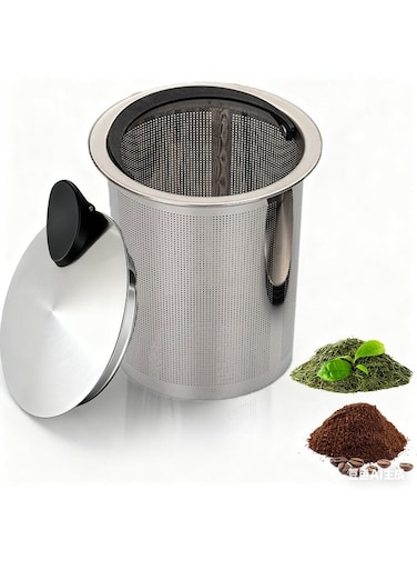 Reusable Stainless Steel Coffee Filter With Lid, Paperless Coffee Maker Strainer, Mesh Basket for Loose Tea&amp; Ground Coffee, Coaster Lid, Long Handle for Cup, Mug &amp;Teapot