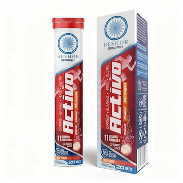 Activo Effervescent Boost Daily Energy 11vitamins &amp; minerals with Caffeine (200mg) from herbs Guarana, Yerba Mate, Bacopa, CoQ10, Magnesium, B vitamins  20 tablets   Sugar-free  Fruit Flavor