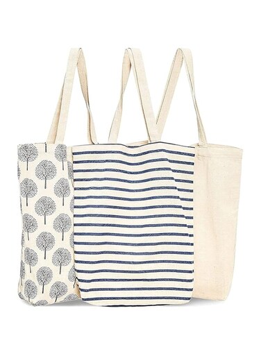Oasisgalore Reusable Tote Bags, Cotton Canvas Cloth for Grocery, Shopping (3 Designs, 15x16.5 inches)
