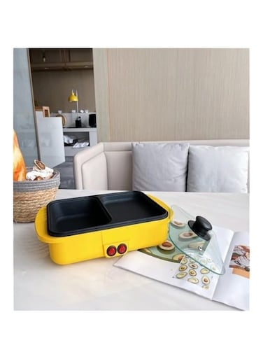 Disnie 2 in 1 Electric Hot Pot, Smokeless BBQ Grill &amp; Shabu Pot, Non-stick Cooking Pan with Glass Lid Grill Plate and Baking Pan Smokeless Barbecue Machine (Chafing Dish &amp; BBQ Pot - Yellow)