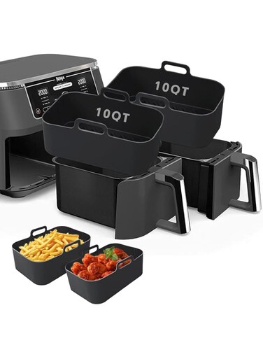 Air Fryer Silicone Liners-2Pcs for Ninja Dual Dz401 Dualzone,Air Fryer Silicone Pot Reusable Silicone Air Fryer Liners Non Stick Air Fryer Basket Accessories Replacement Baking Tray (DZ401-Black-2PCS)