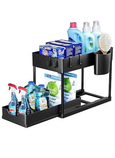1 Pieces Black 2-Tier Under Sink Organizer (Equipped with 4 hooks and 1 basket)