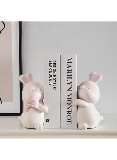 RISKIV Cute Rabbit Bookends,Decorative Bookends, Cute Bookends,Book Ends for Shelves,Book Ends for Kids Rooms, Kids Bookends can accommodate 1 to 4 Books(White)