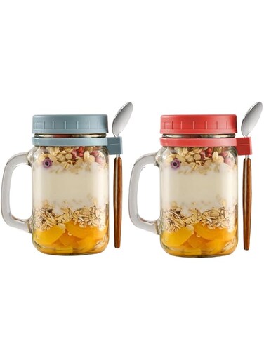 Hniuyun 2 Pack Overnight Oats Jars with Lids and Spoon, 16 oz Airtight Breakfast Jars with Handle, Mason Jars with Lid for Salads Cereal Milk Porridge Fruit(Grey+Red)