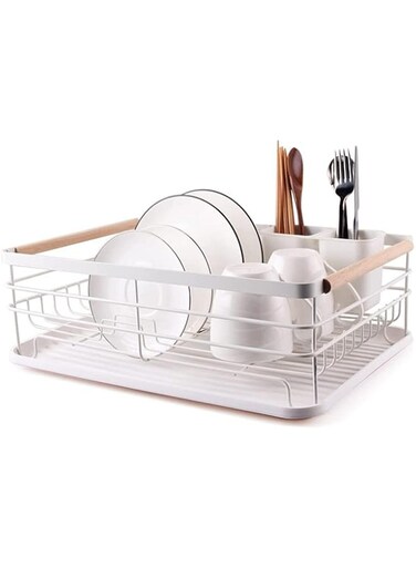 NW Dish Drying Rack for Kitchen Counter - Modern Wood Handle Dish Rack with Drain Board &amp; Utensil Holder, Compact Cutlery Dish Drainer Rustproof