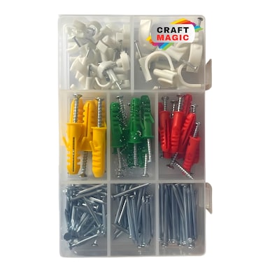 CRAFT MAGIC Wall Plug &amp; Screw Assortment Kit with Nails &amp; Cable Clips &ndash; 200Pcs Heavy Duty Anchor Fixing Set in Storage Box for Home, Office &amp; DIY Projects (Color Plugs, Screws, Nails, Cable Clips)